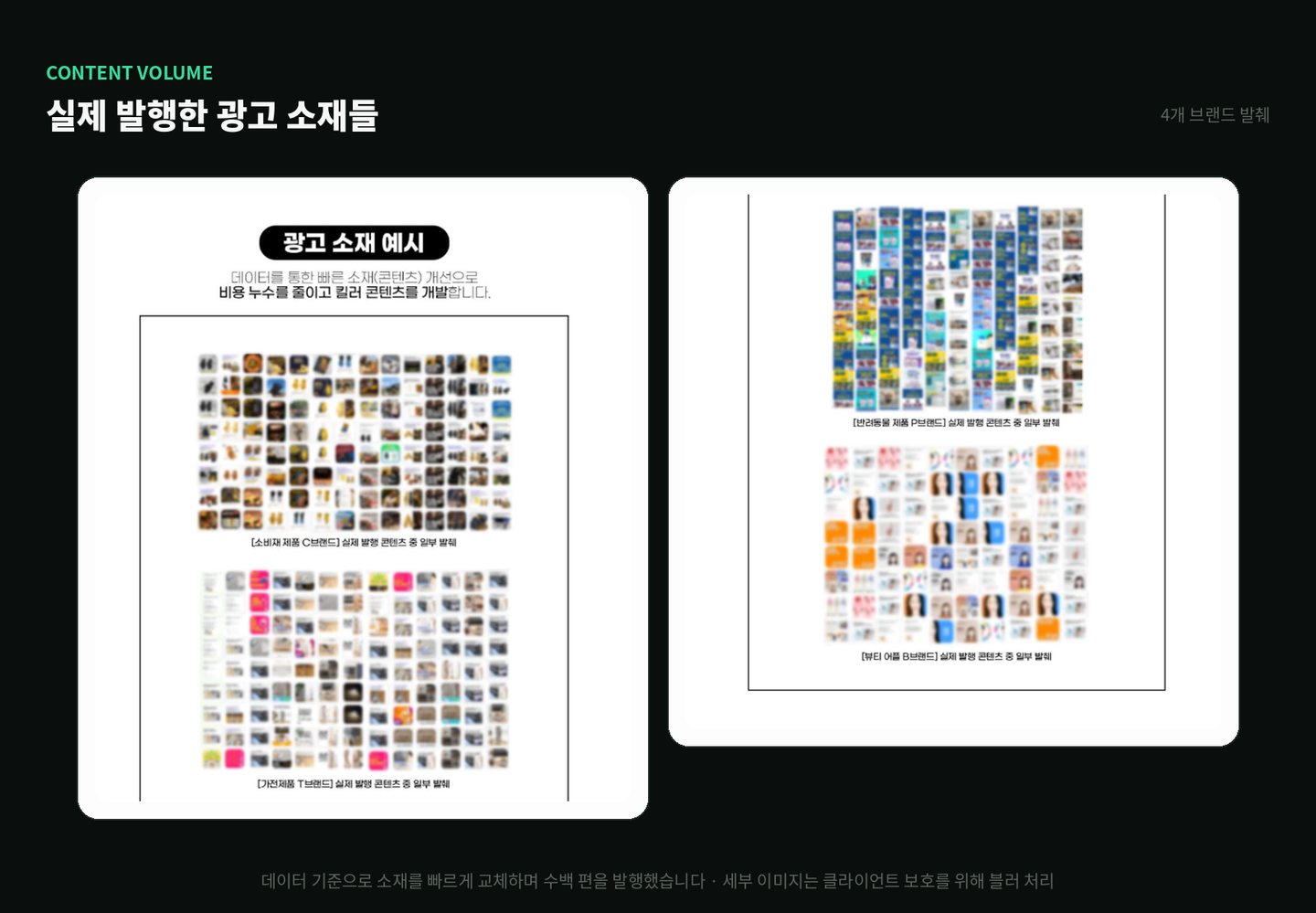 더널리임팩트가 실제 발행한 광고 소재 수백 편 — 소비재·가전·반려동물·뷰티 4개 브랜드 발췌 (클라이언트 보호를 위해 블러 처리)